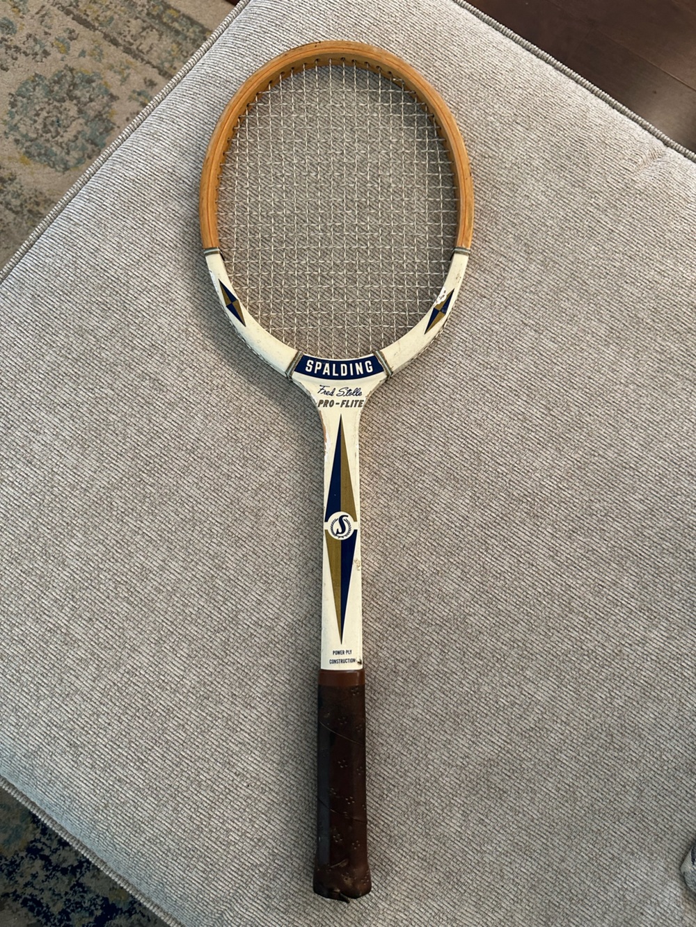 Spalding White and Navy Wooden Tennis Racket